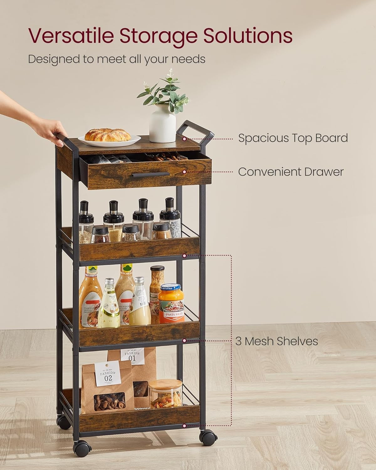 4 Tier Storage Trolley Rolling Cart with Drawer Table Top Mesh Shelves Wheels