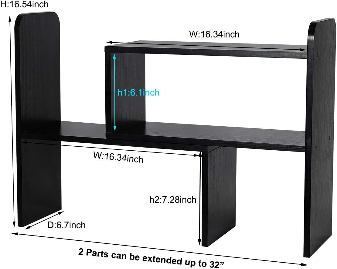 Adjustable 2-Tier Black Wood Desk Bookshelf - Space-Saving Organizer