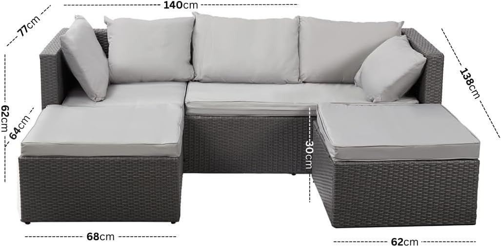 Outdoor Rattan 3-Seater Sofa Set with Chaise Lounger & Footrest Cushions