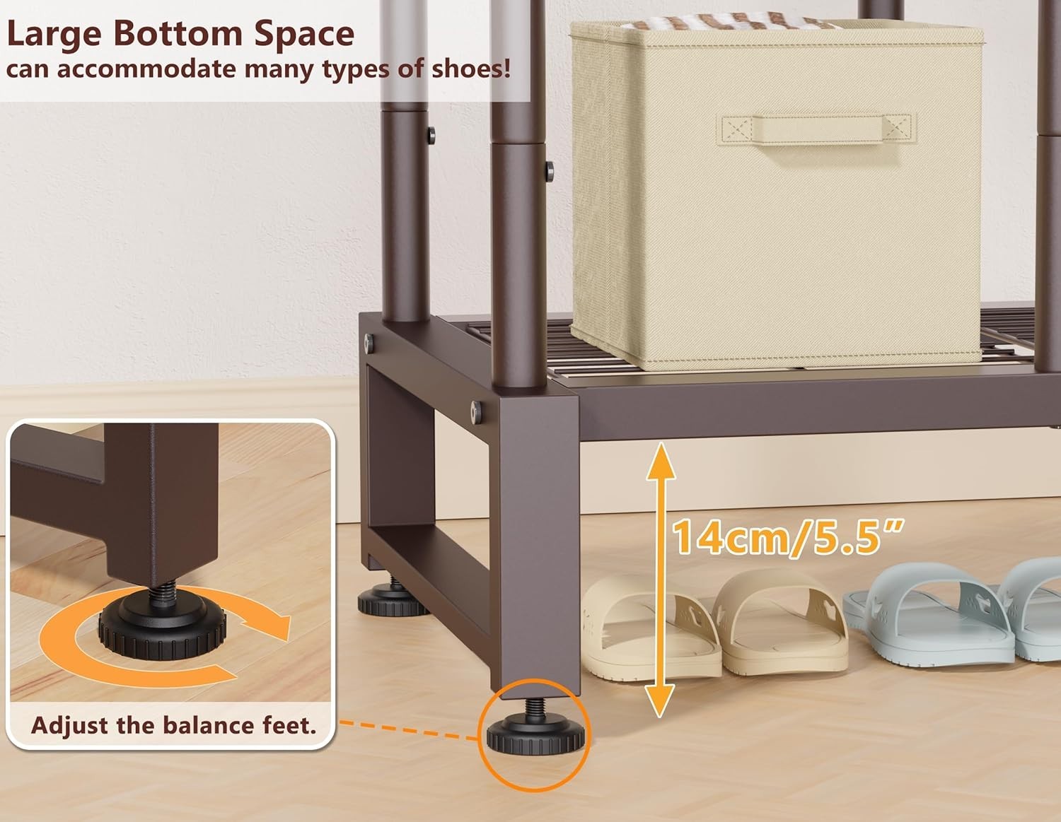 Heavy Duty Double Clothes Rail with Shelves & Hooks 80KG – Brown