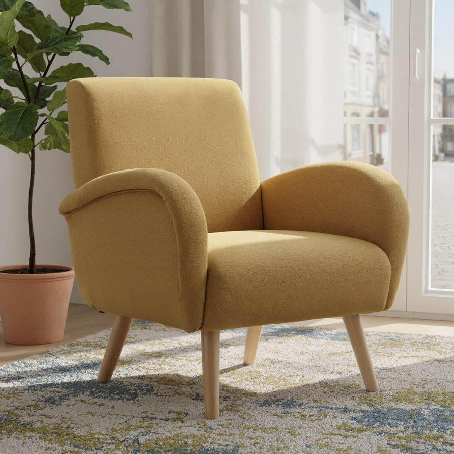 Yellow Chenille Accent Tub Chair Wooden Legs Modern Armchair