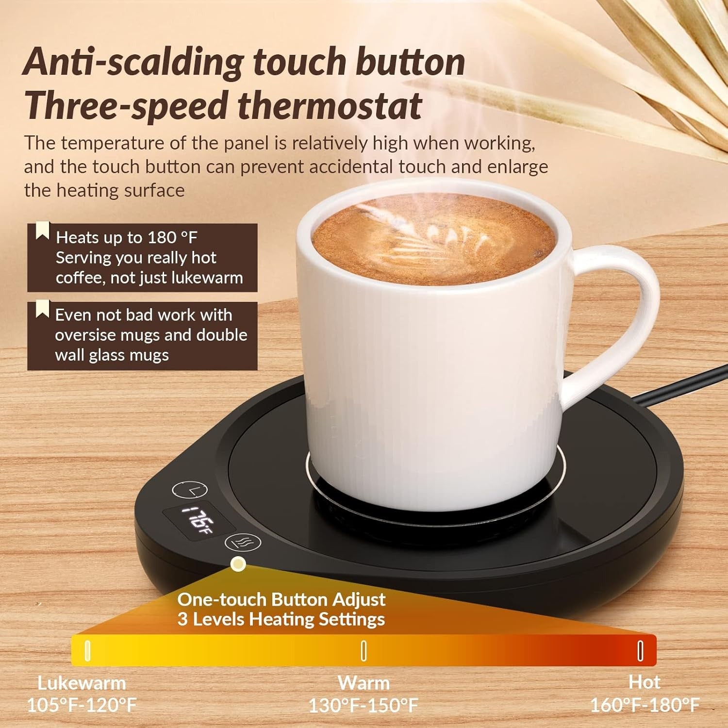 Black Coffee Mug Warmer 3 Temp Desk Heater with Timer 4H Auto Off