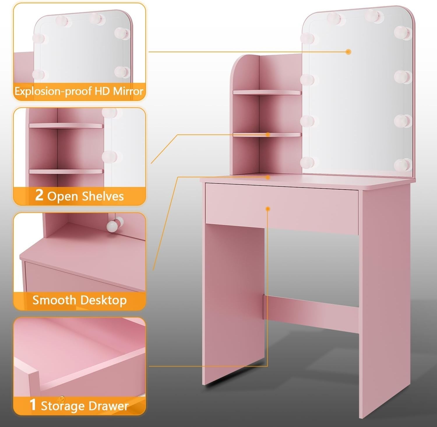 Pink Vanity Makeup Dressing Table Mirror Set Hollywood LED Lights Drawer 66x140c