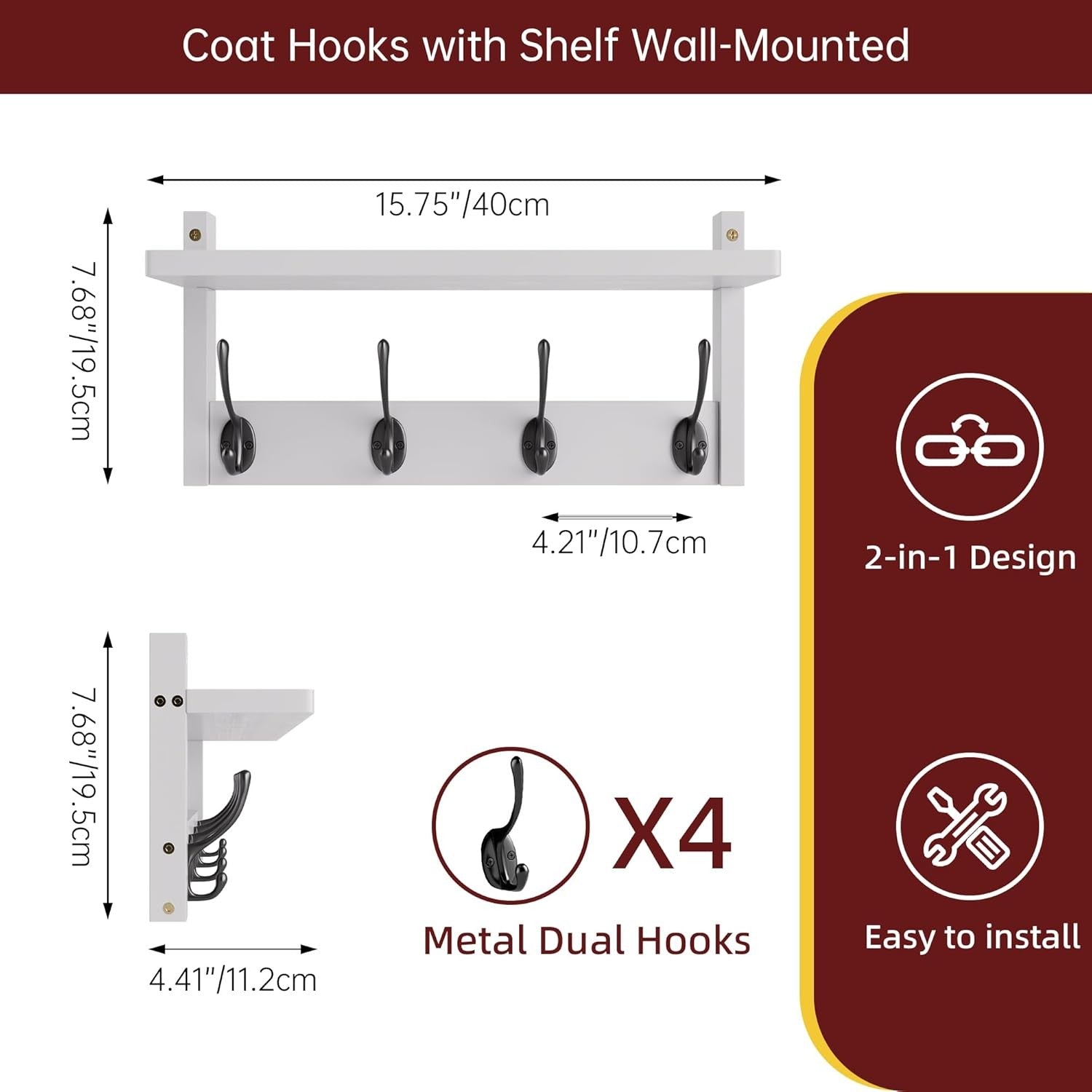 Wall Mounted Coat Rack with Shelf Set of 2 Bamboo Hooks Hallway Organizer