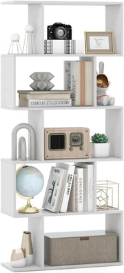 Modern S-Shape 5 Tier Bookshelf White | Freestanding Display Shelving Unit 70×15