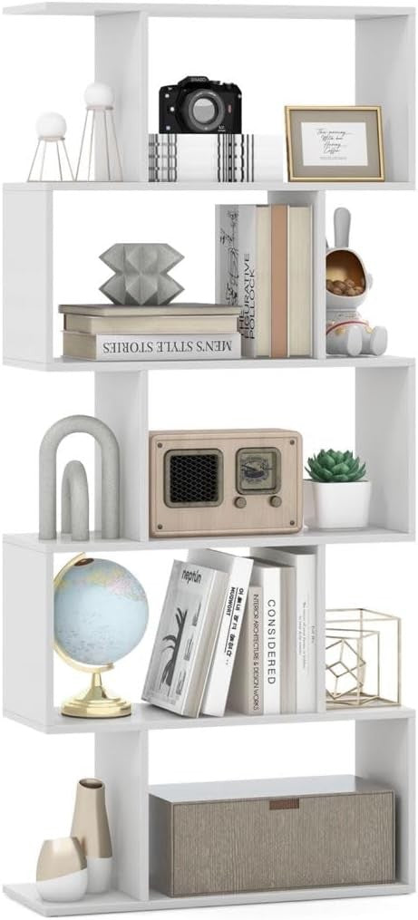 Modern S-Shape 5 Tier Bookshelf White | Freestanding Display Shelving Unit 70×15