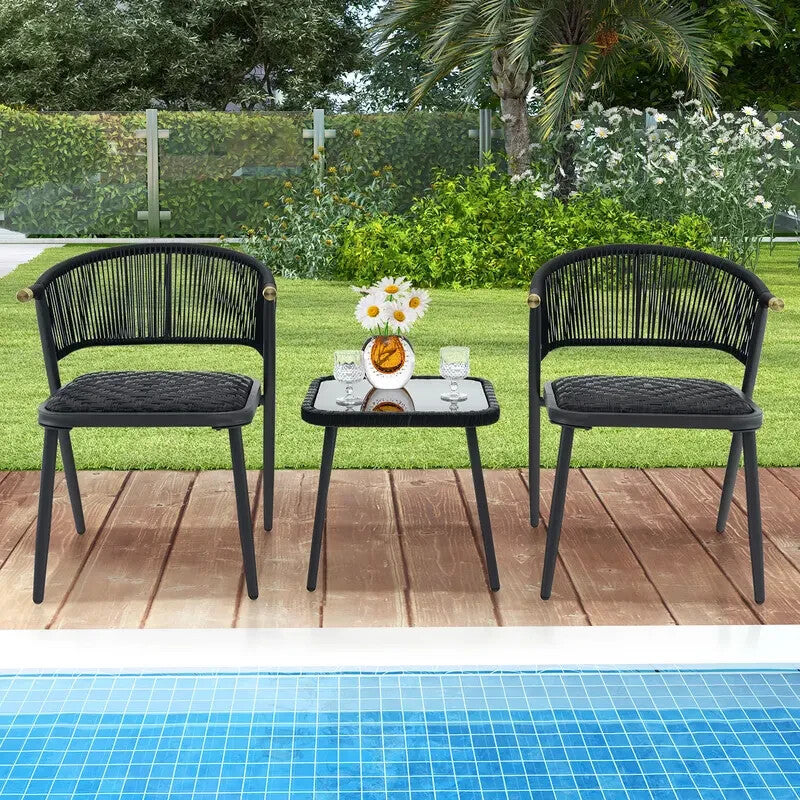3pc Rattan Garden Bistro Set Black Chairs & Glass Coffee Table Patio Set
