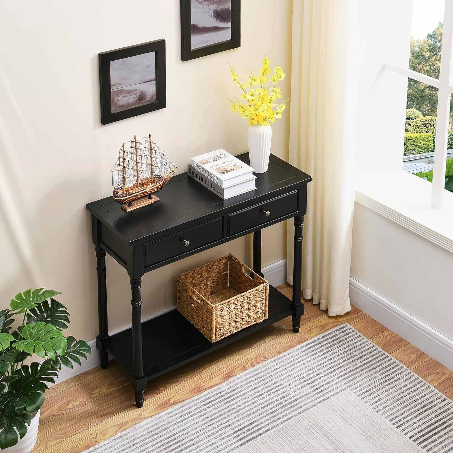Solid Wood Console Table 90x35x77cm with 2 Drawers & Storage Shelf