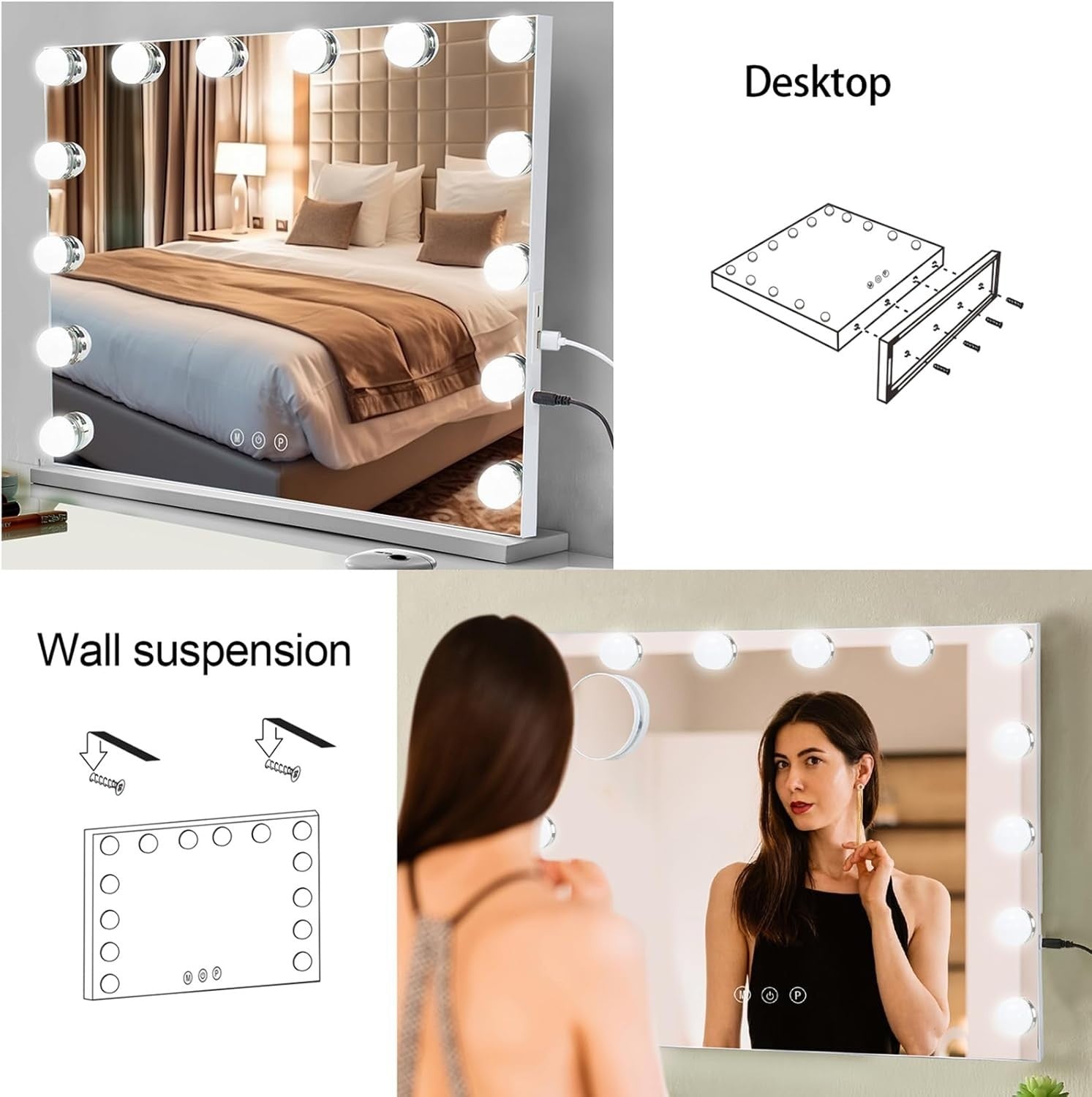 LED Vanity Mirror 50x42cm with Dimmable Touch Lights & 3 Color Modes