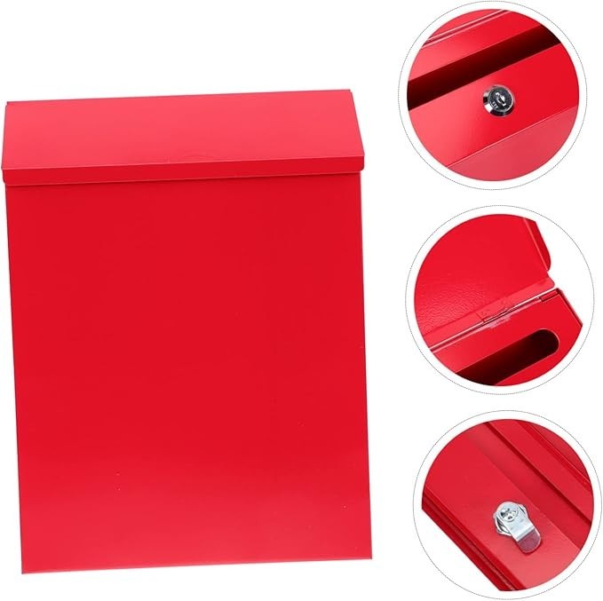 Wall-Mounted Lockable Mailbox Red Iron Postbox Secure Outdoor Letter Holder