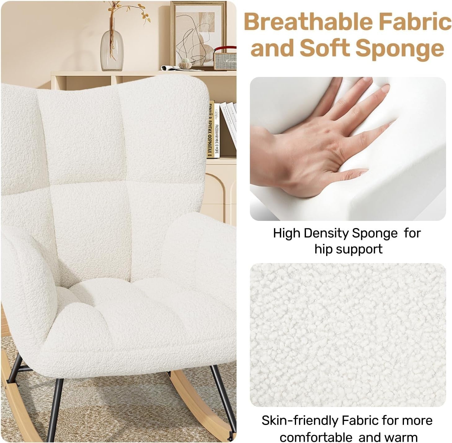 Ivory Rocking Chair Tufted Lambswool Armchair Nursery Lounge Seat