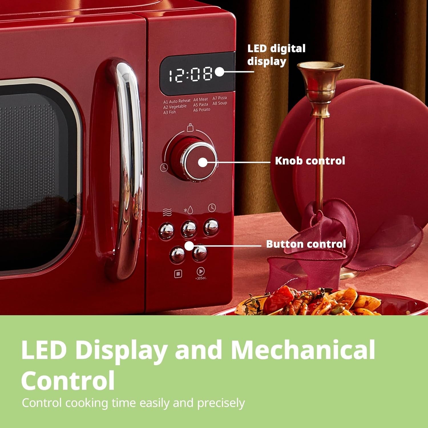 20L 800W Retro Microwave Oven 8 Auto Menus 5 Power Levels Red