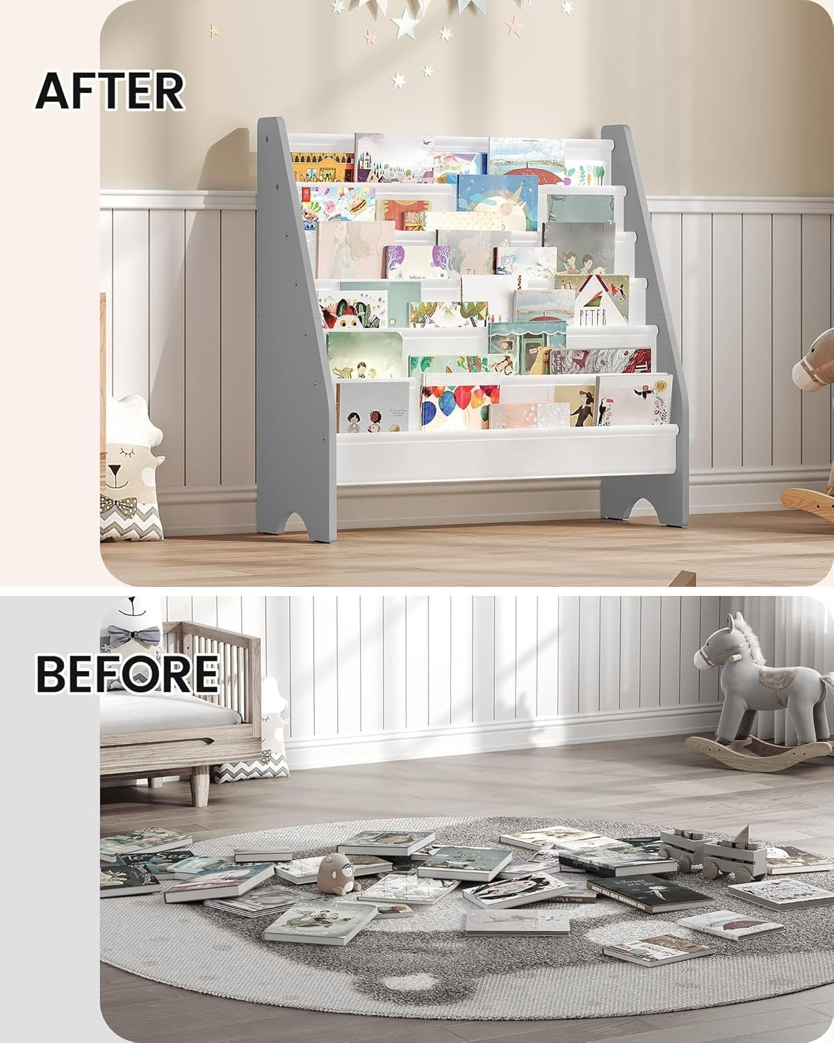 6 Tier Kids Bookshelf White Gray Large Capacity Sling Book Organizer