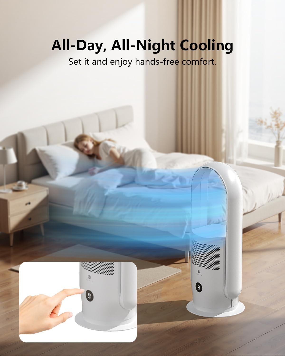 Bladeless Tower Fan w/ HEPA Air Purifier – 9-Speed Quiet Cooling Fan White Timer