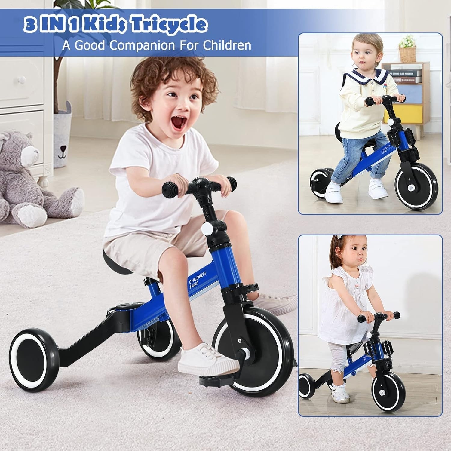 3 In 1 Toddler Tricycle Balance Bike Baby Walker Adjustable Blue 1-4Y
