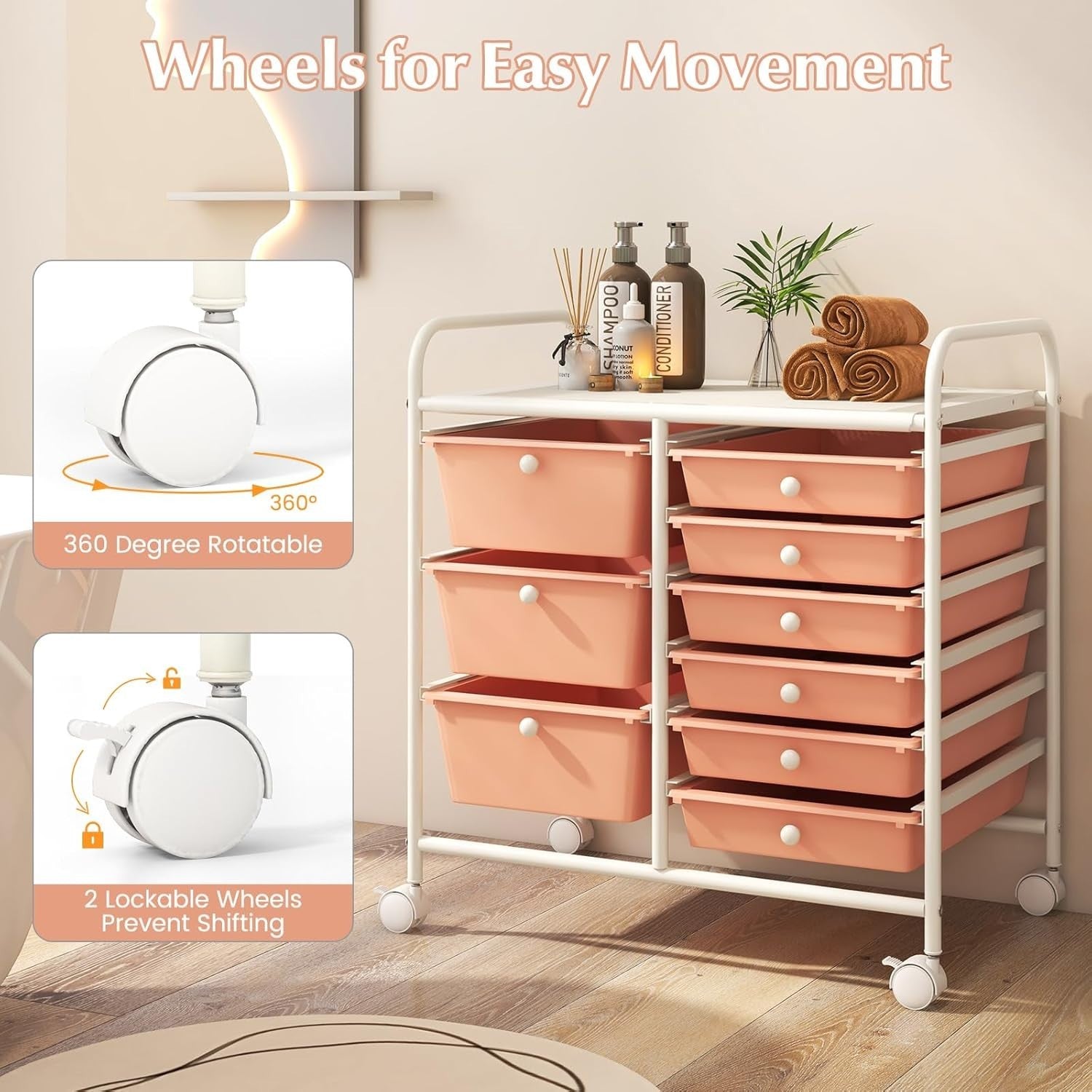 Pink 9 Drawer Mobile Storage Cart Rolling Beauty Organizer Trolley