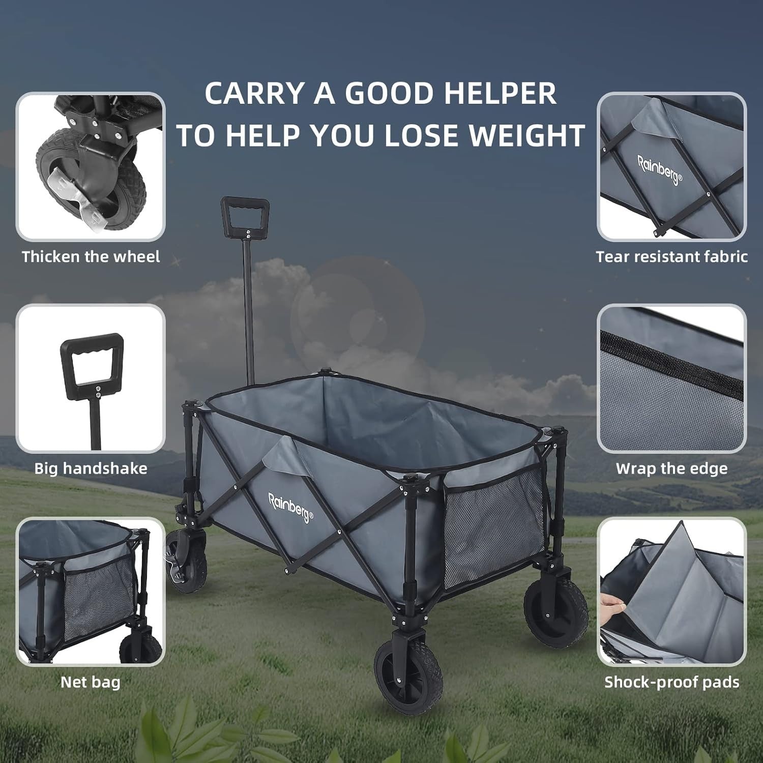 Grey Folding Camping Wagon 120kg Trolley w/ Table Top, Adjustable Handle & Bag