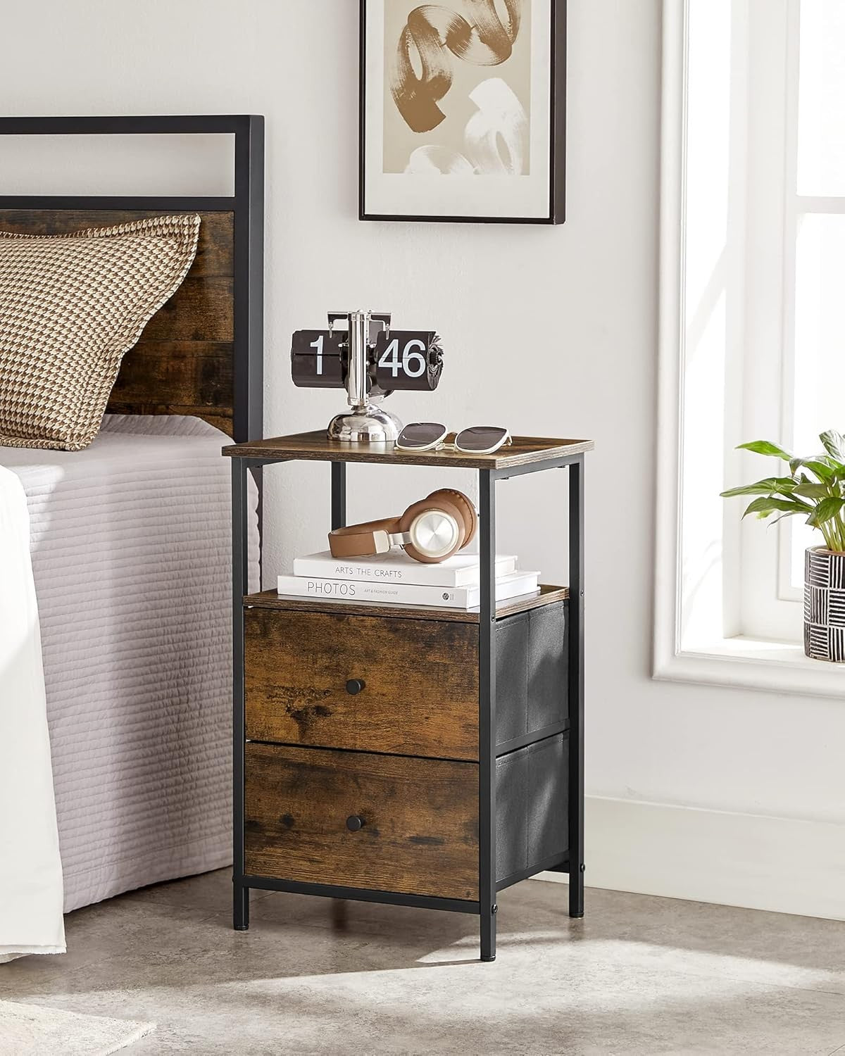 Rustic Tall Bedside Table with 2 Fabric Drawers & Open Shelf, Industrial Style