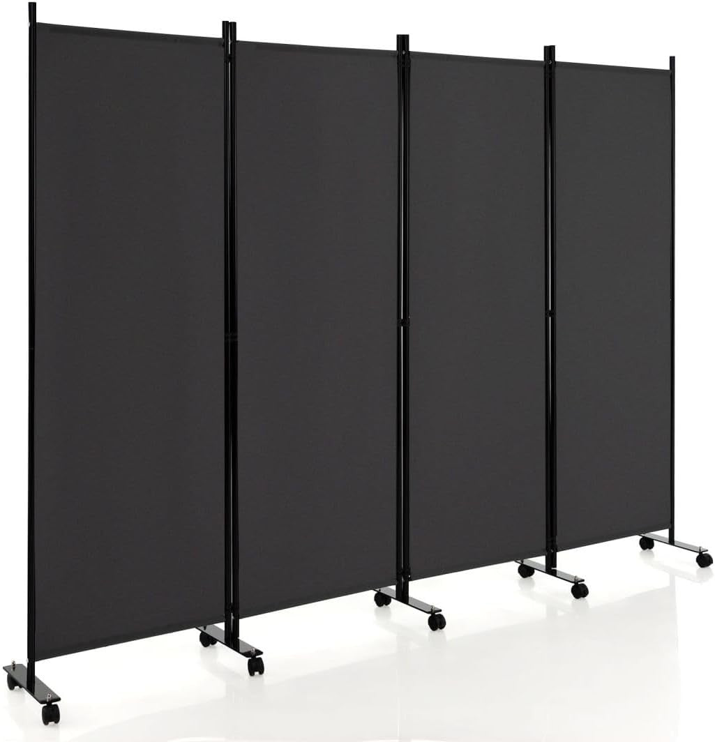 4 Panel Grey Folding Room Divider Privacy Screen on Wheels for Home Office