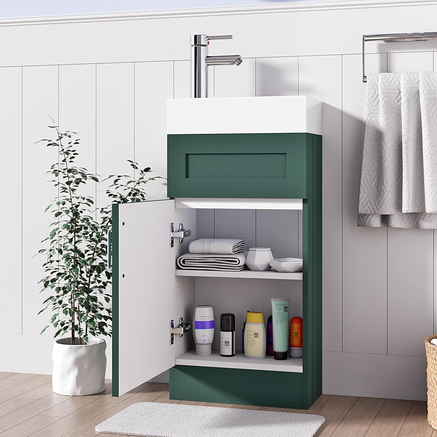 Green Vanity Unit with Basin Trap & Waste – 40cm Compact Under Sink Bathroom