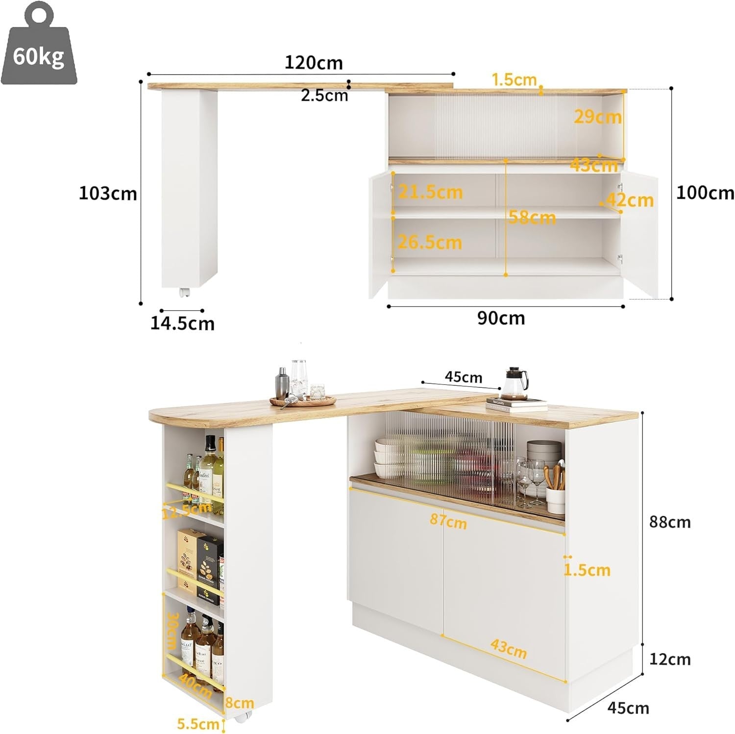 360° Swivel Bar Table w/ Shelves Glass Door White Modern Storage Unit Furniture