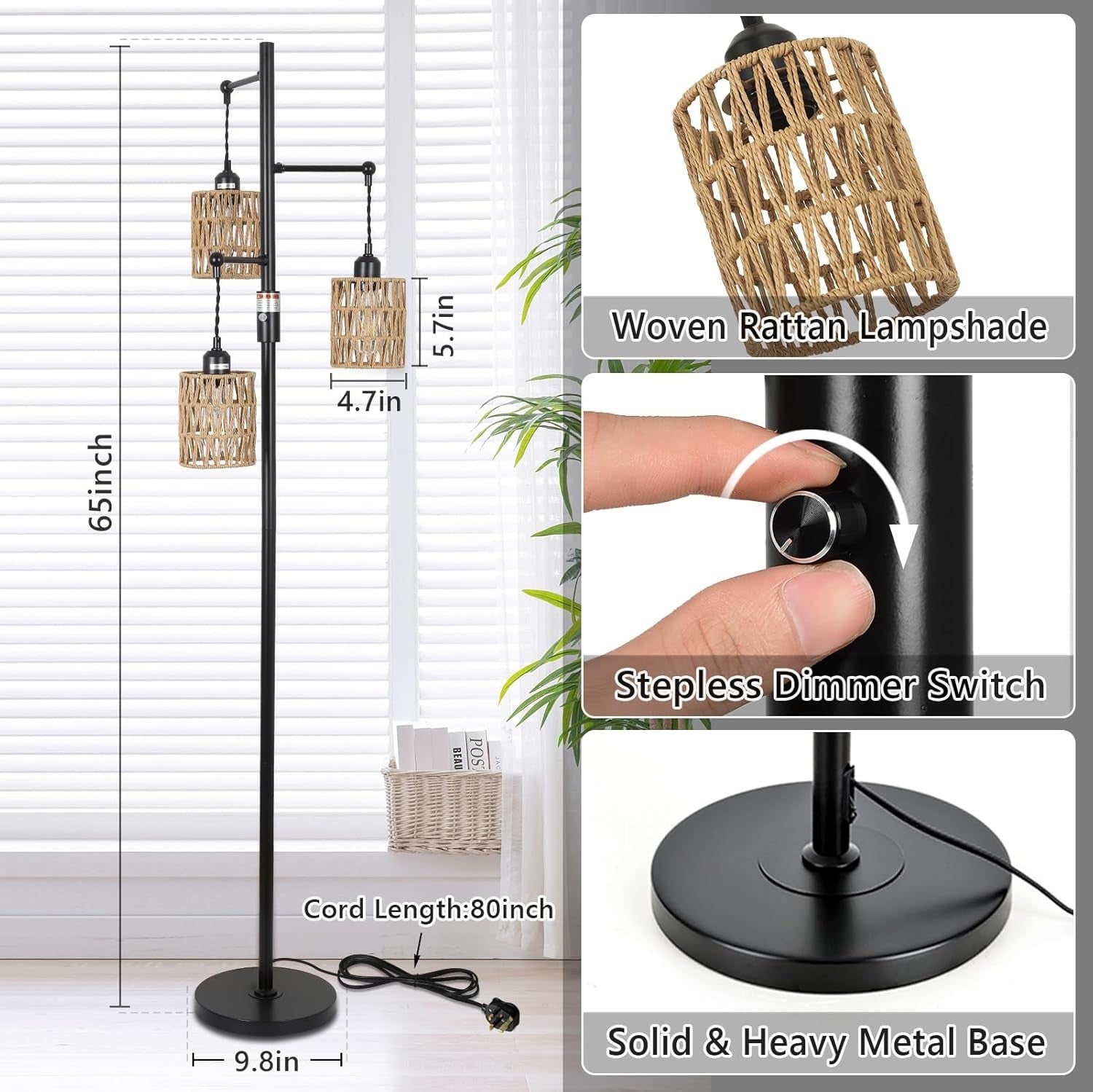 Dimmable Rattan Floor Lamp 3 Light Boho Tall Standing Lamp Stepless Dimmer