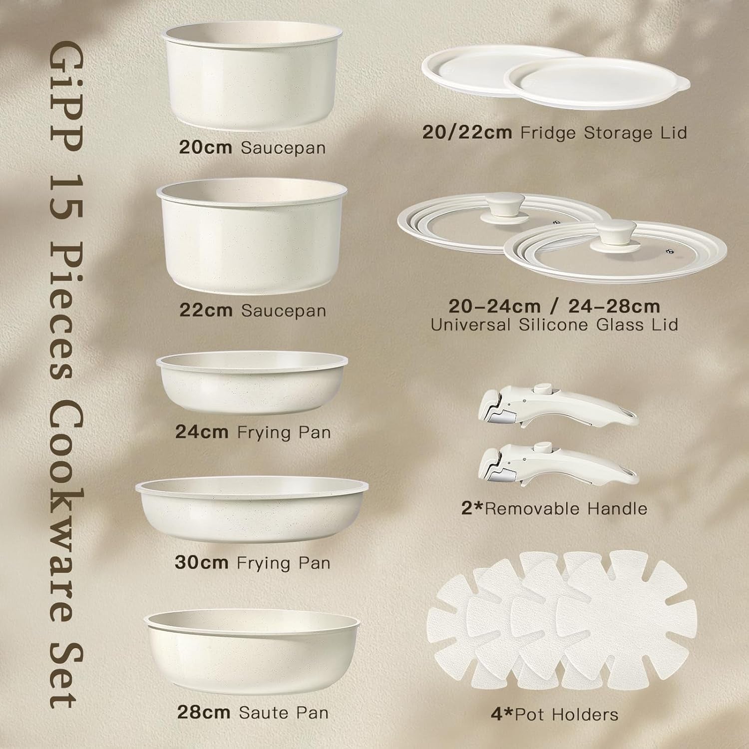 15Pcs White Plus Ceramic Non Stick Cookware Set with Detachable Handle
