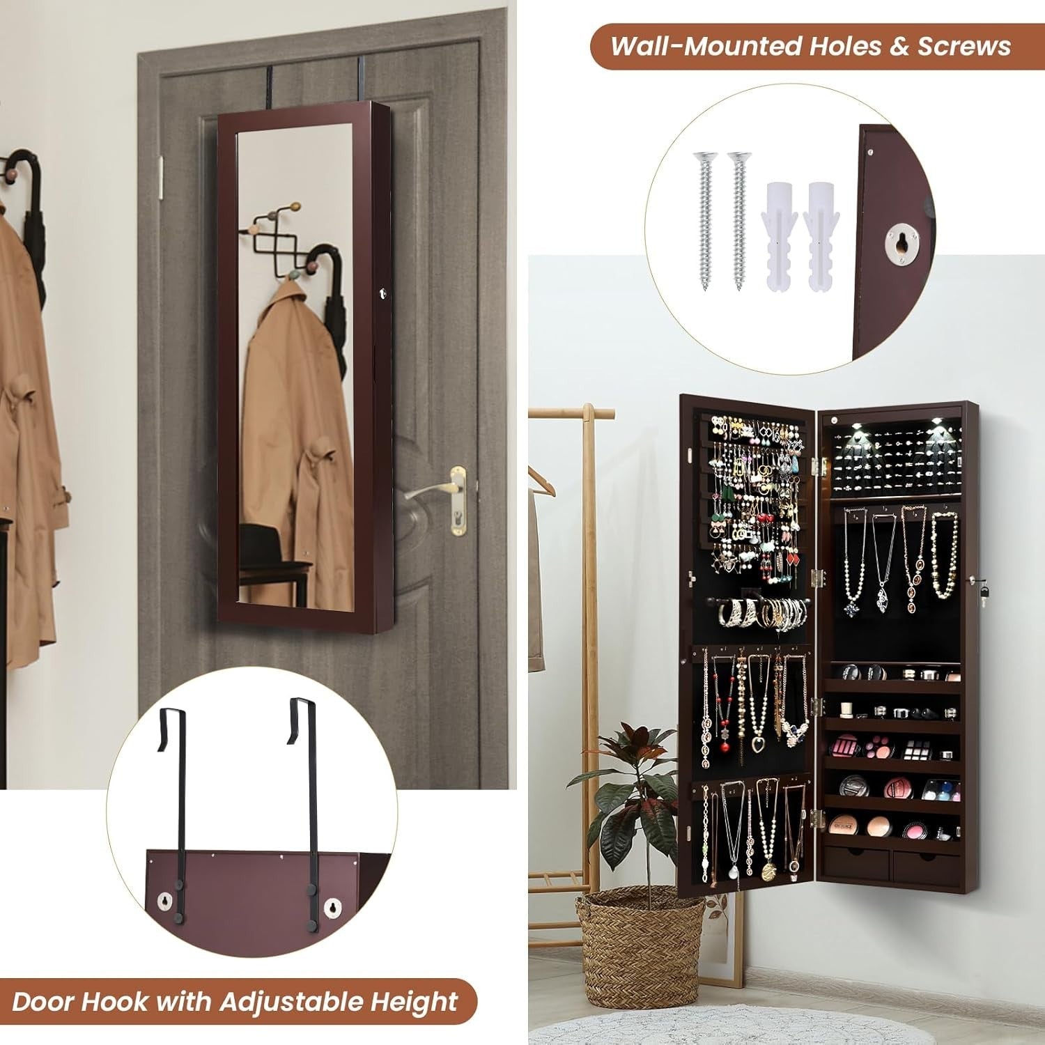 Wall-Mounted Jewelry Cabinet with LED Lights & Full-Length Mirror