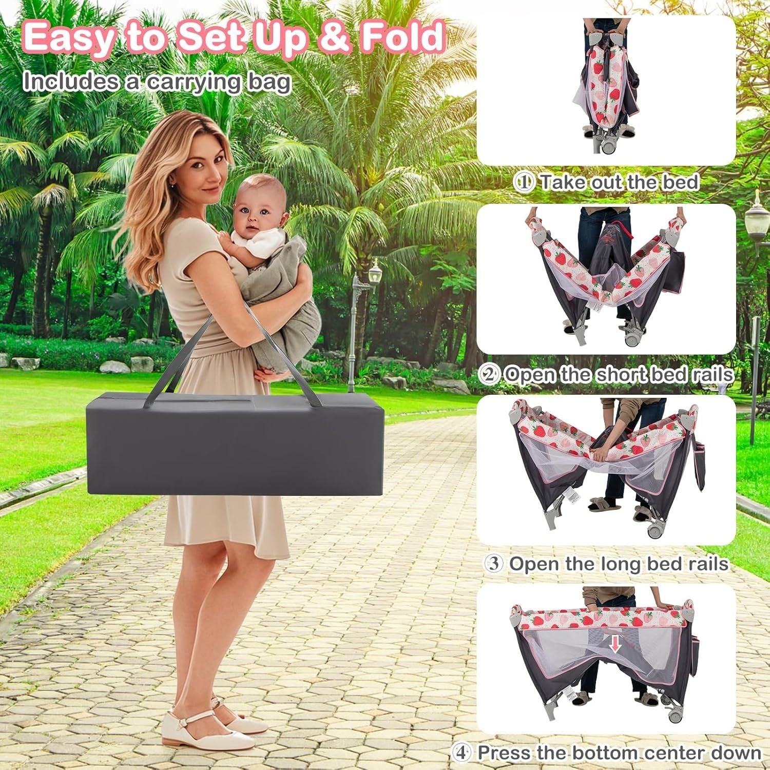 4in1 Travel Cot Baby Bedside Foldable Crib Portable Playard Strawberry Pink