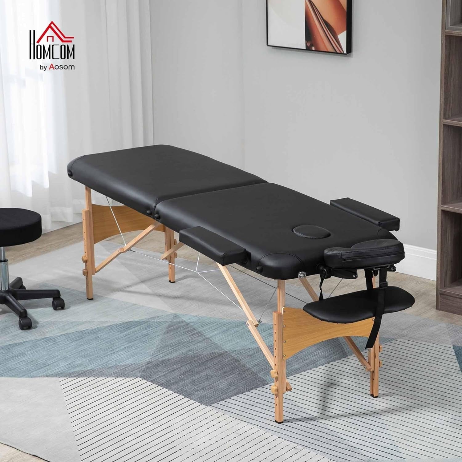 Portable Massage Table Folding 2-Section Wooden Beauty Spa Bed w/ Bag Black