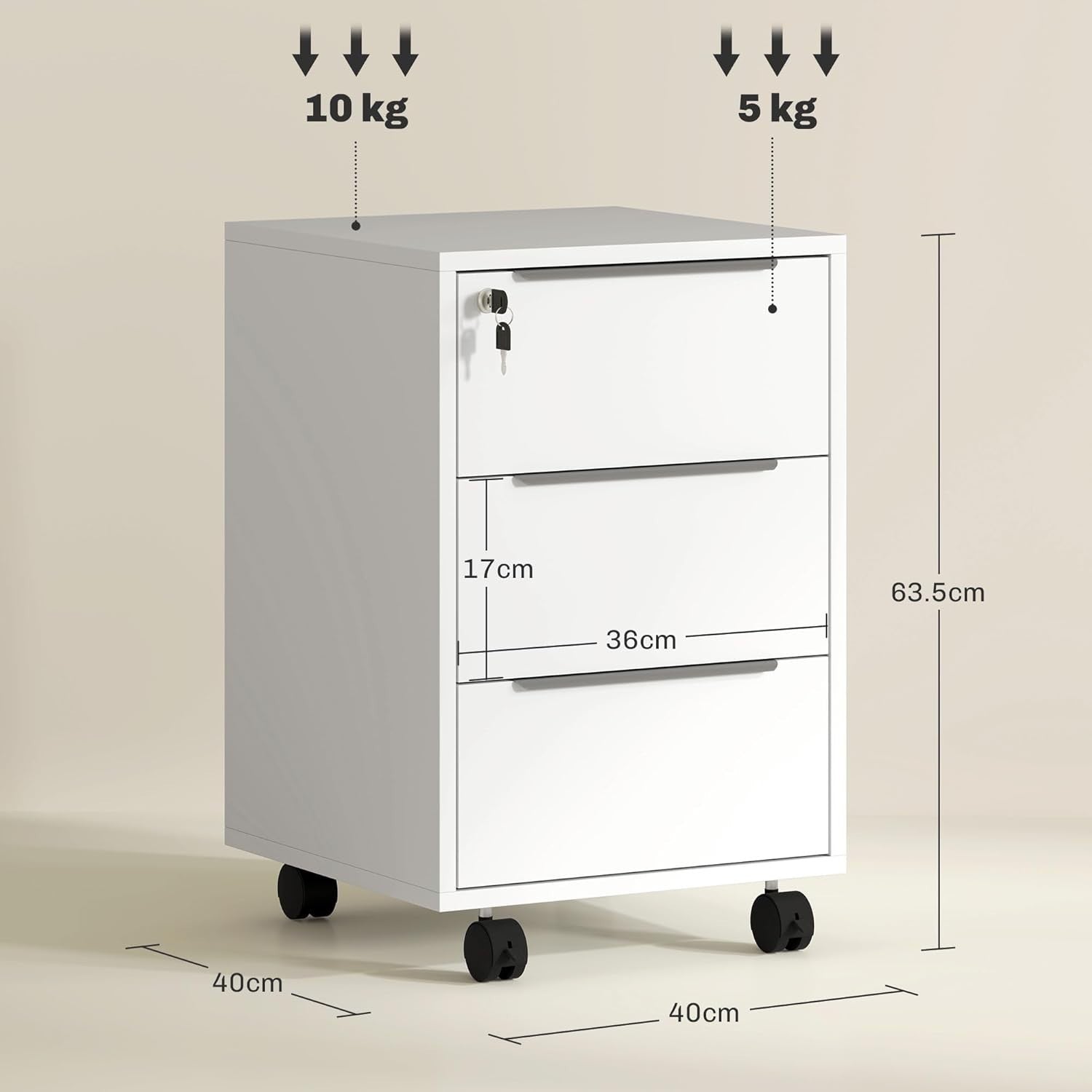 White Lockable Rolling Drawer Cabinet 3 Tier Under Desk File Unit