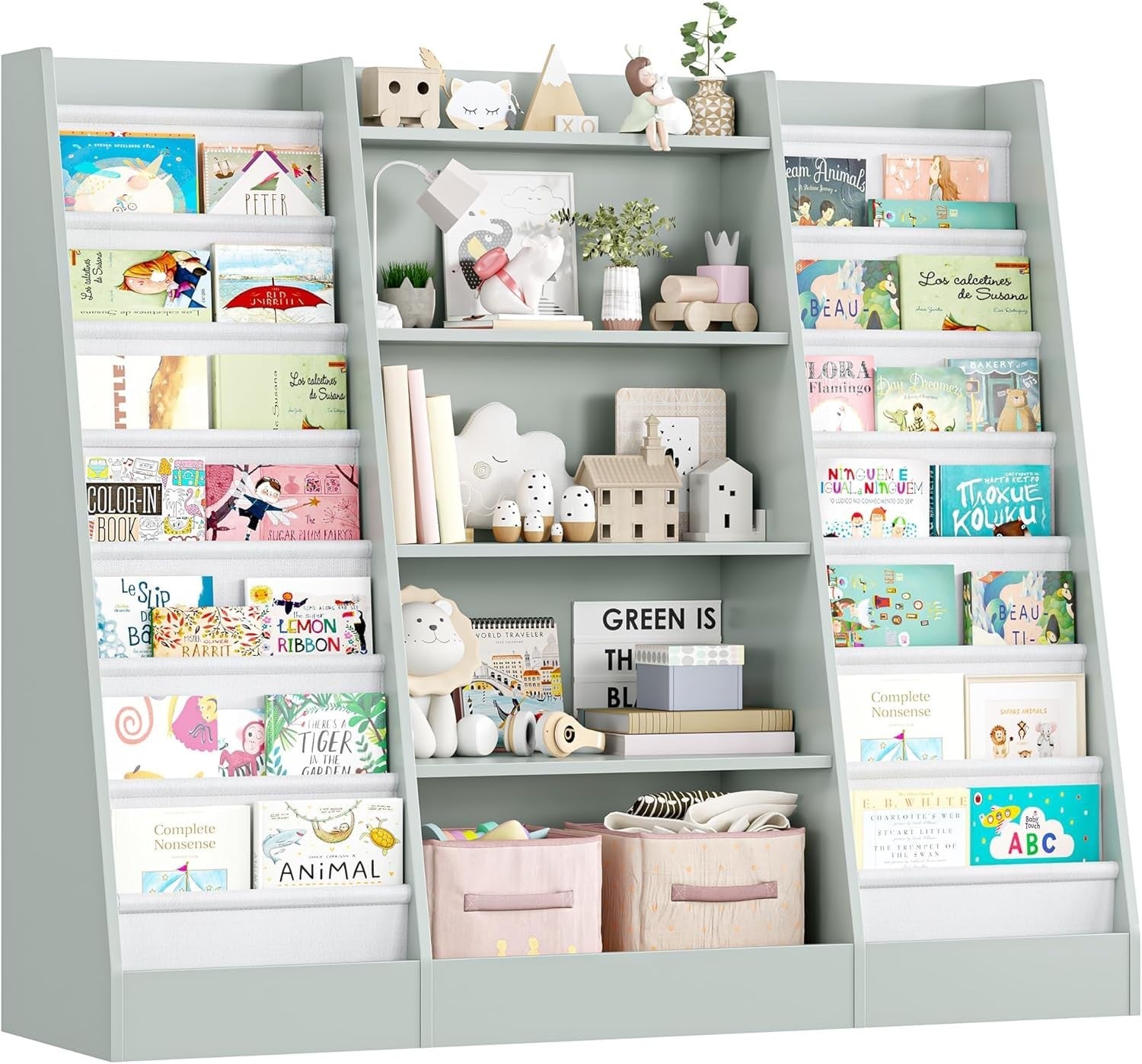 Kids Bookshelf Storage Unit with 14 Sling Fabric Shelves & 5 Toy Racks