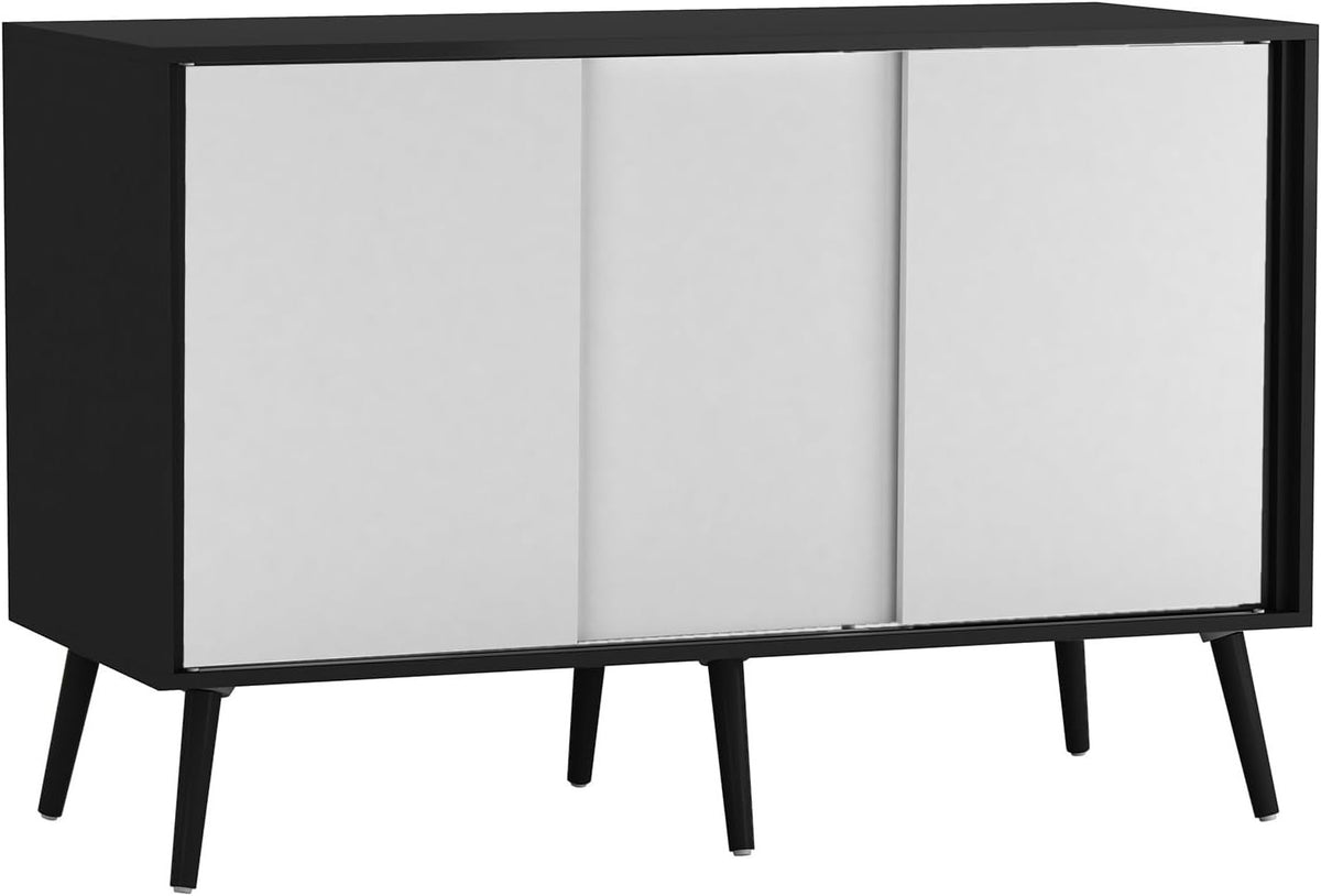 3 White Door Sliding Sideboard Cabinet Wooden Black Leg Modern Storage Organizer