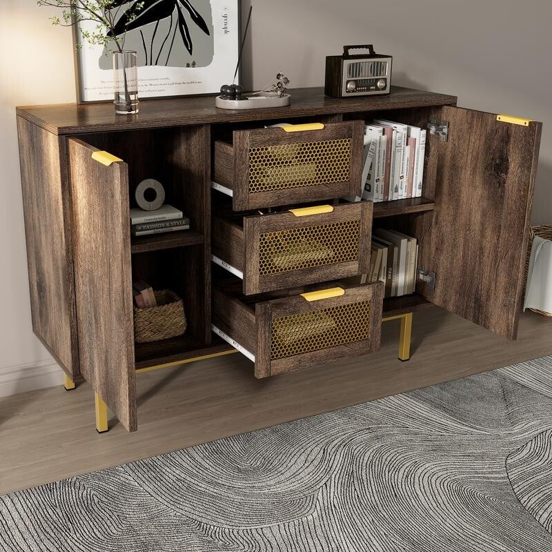 Dark Wood Rattan Sideboard Cabinet 3 Drawer 2 Door Storage Unit Hallway