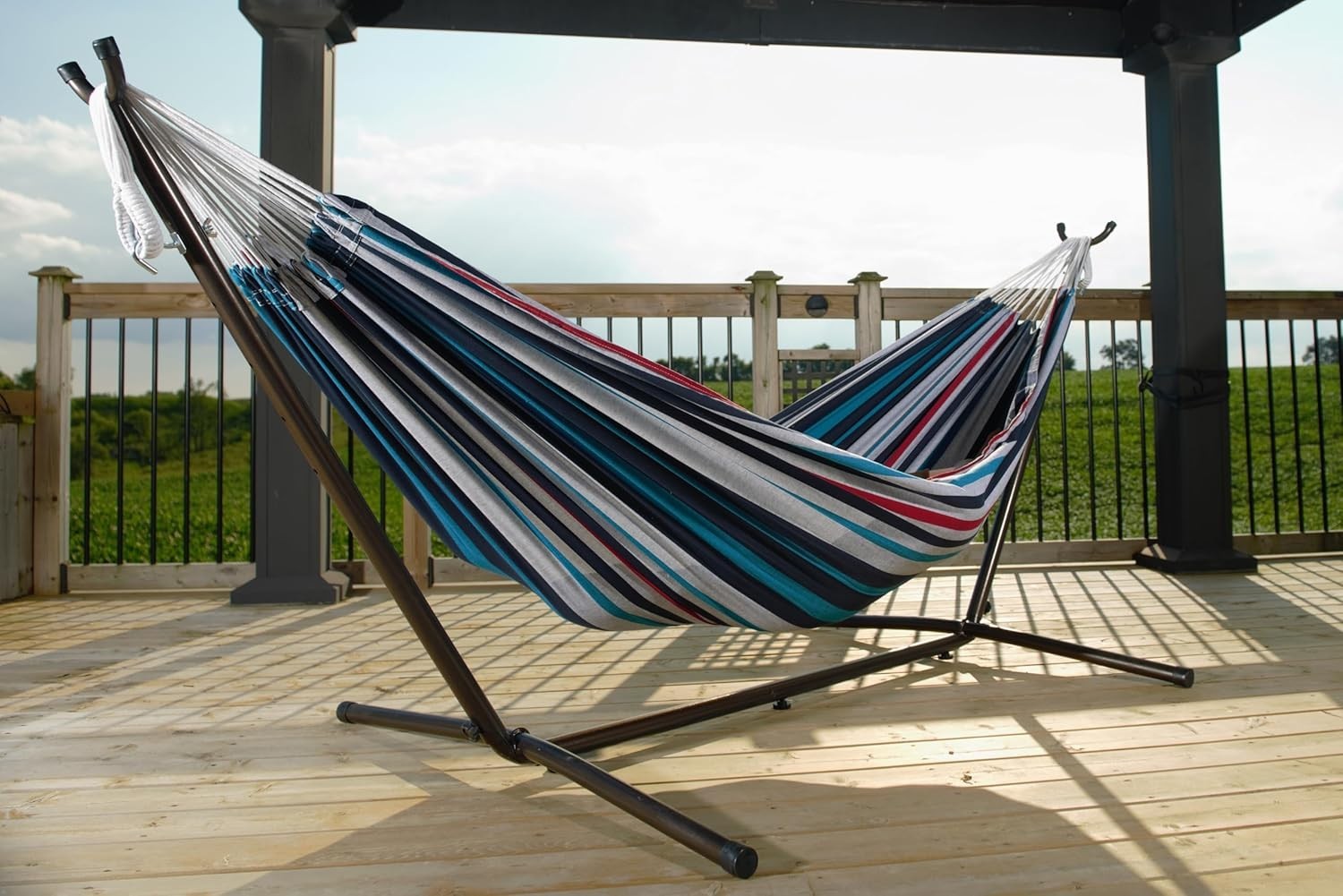Double Cotton Hammock with Steel Stand 204kg Capacity Adjustable Indoor Outdoor