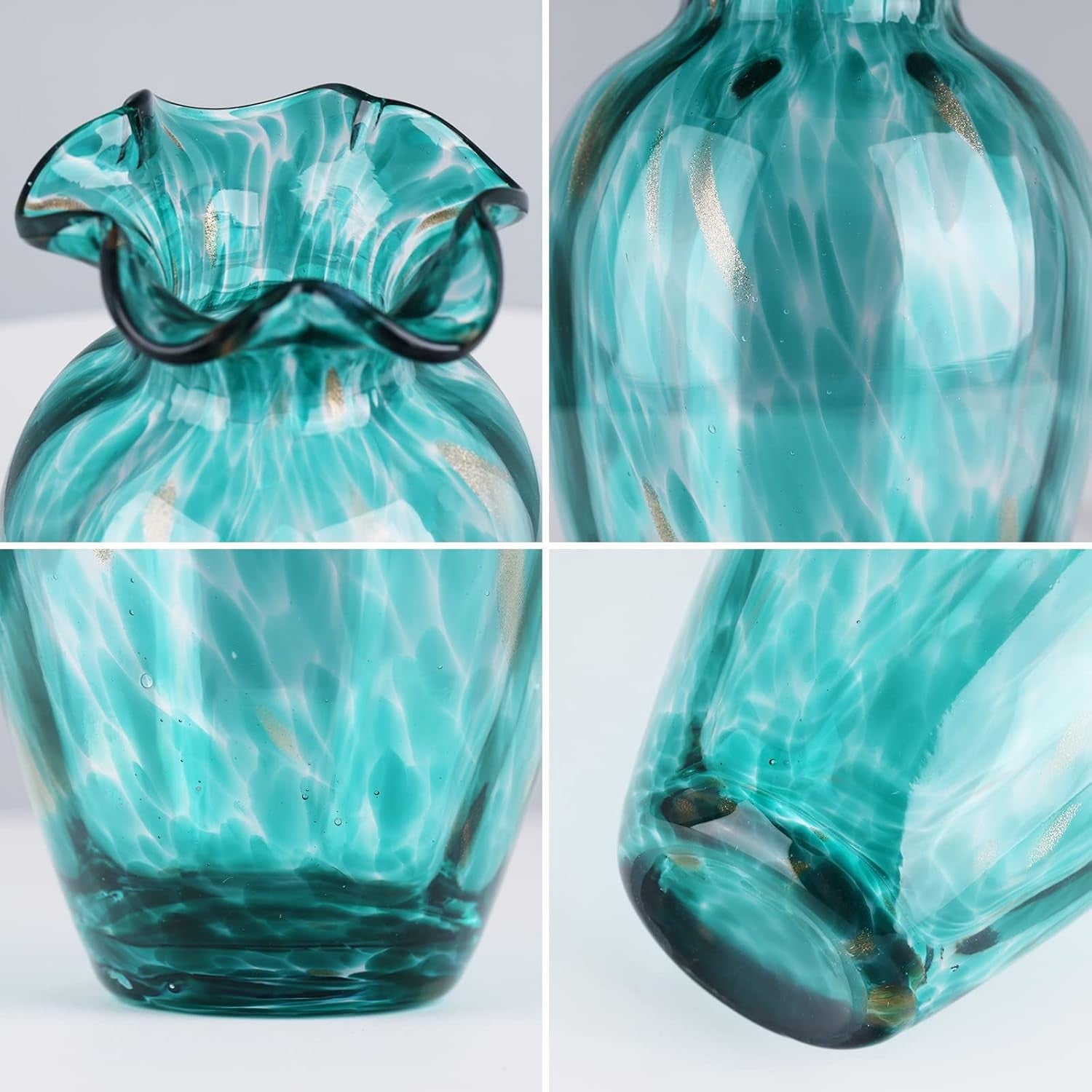 Blown Glass Art Vase Wide Mouth Green Decorative Flower Vase Home Decor