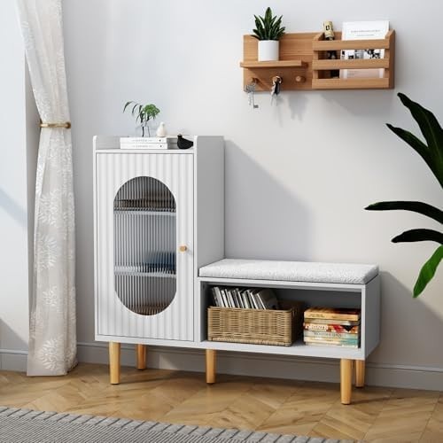 L-Shaped Shoe Storage Bench with Cushion Glass Doors 100×30×92 cm White
