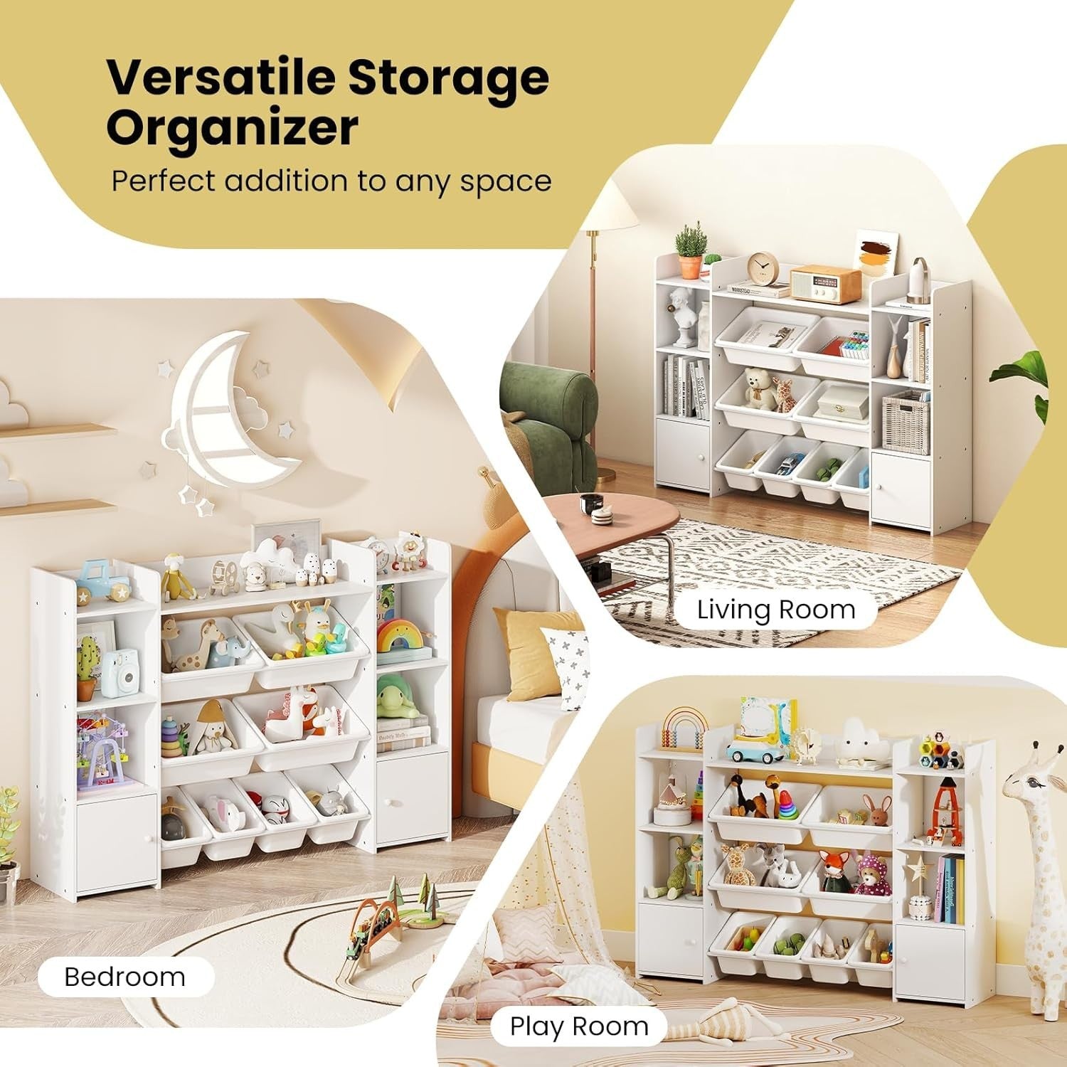 White Kids Toy Storage Unit – 4-Tier Bookshelf with Bins & Cabinets 142cm
