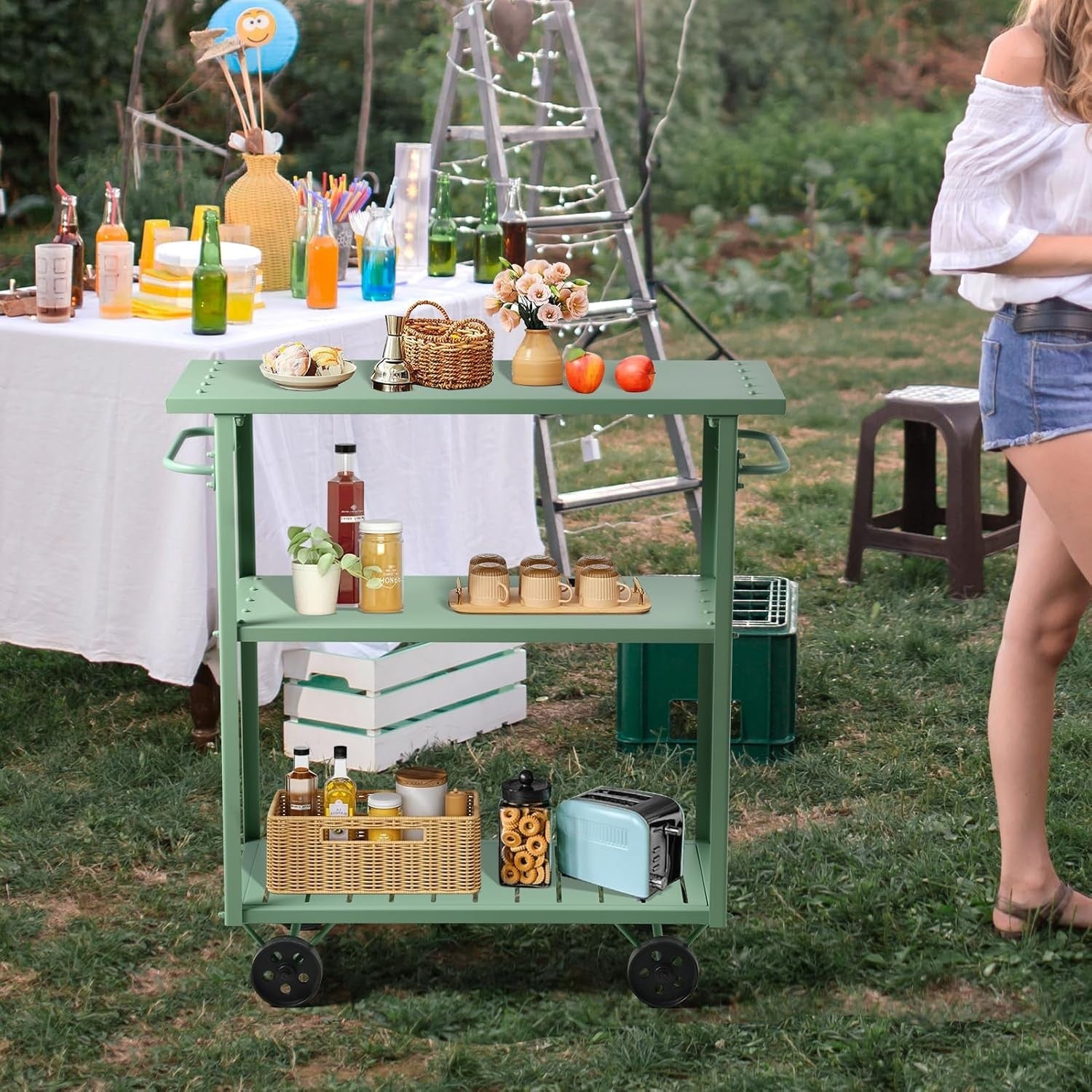 Industrial Bar Cart on Wheels 3 Tier Metal Serving Trolley Handle