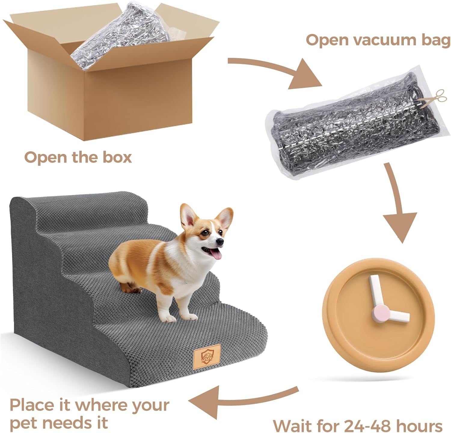 4 Step Dog Stairs Ramp for Bed Sofa Non Slip Washable Grey 73x40x51cm