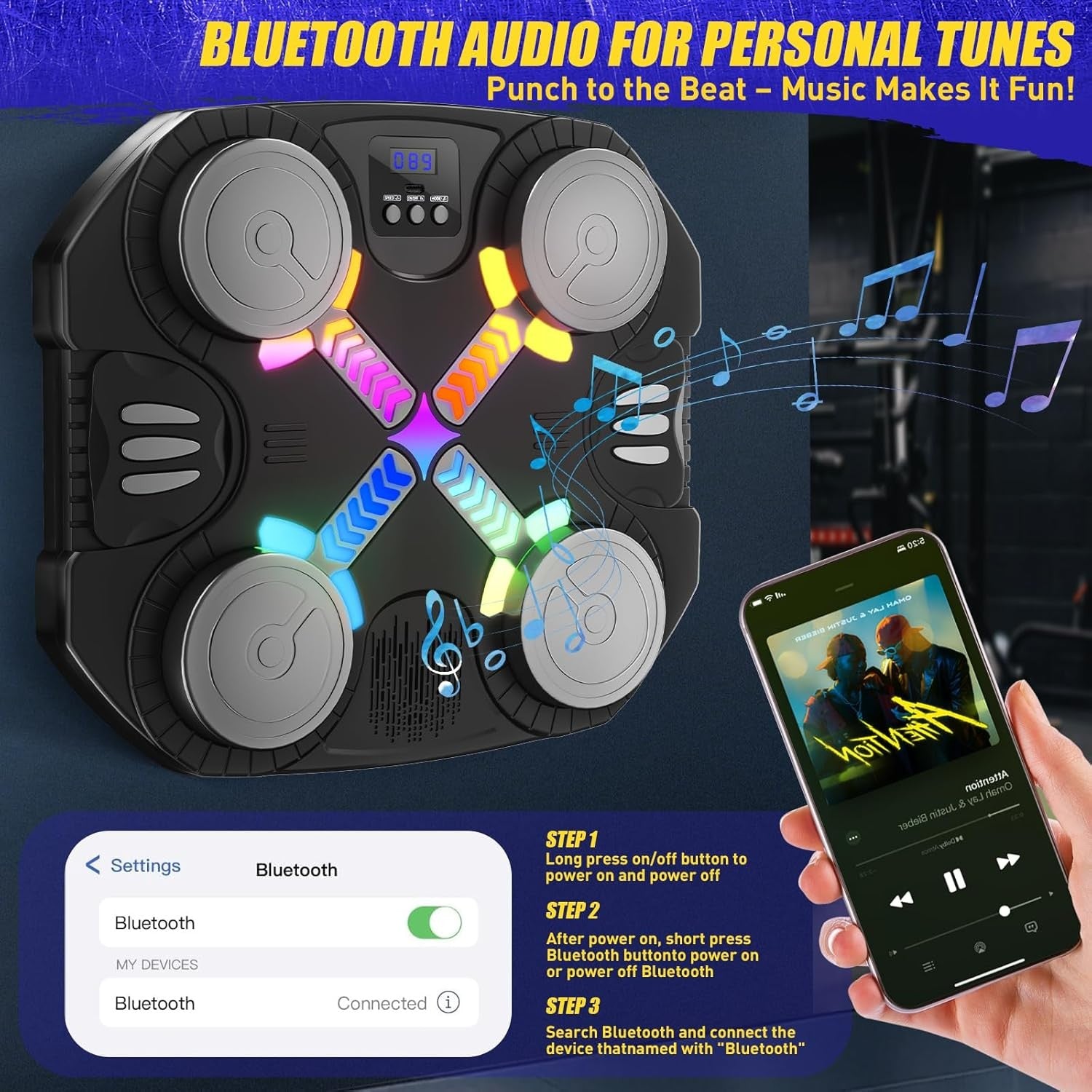 Kids Music Boxing Machine LED Punch Pad Wall Mounted Bluetooth Gloves