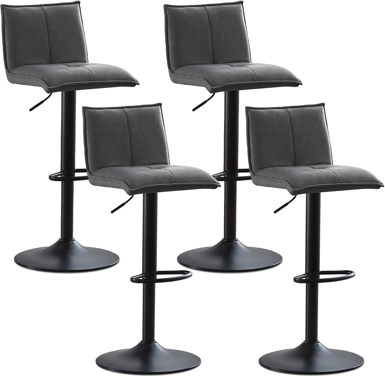 Pu Grey Faux Leather Bar Stool Set of 4 Adjustable Swivel Kitchen Chairs