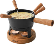Cast Iron Cheese Fondue Set 700ml Tealight Pot 4 Forks Oak Base