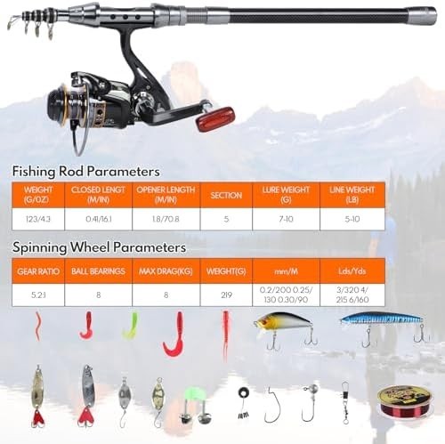 1.8M Telescopic Fishing Rod & Reel Combo Full Kit Lures Line Travel Saltwater
