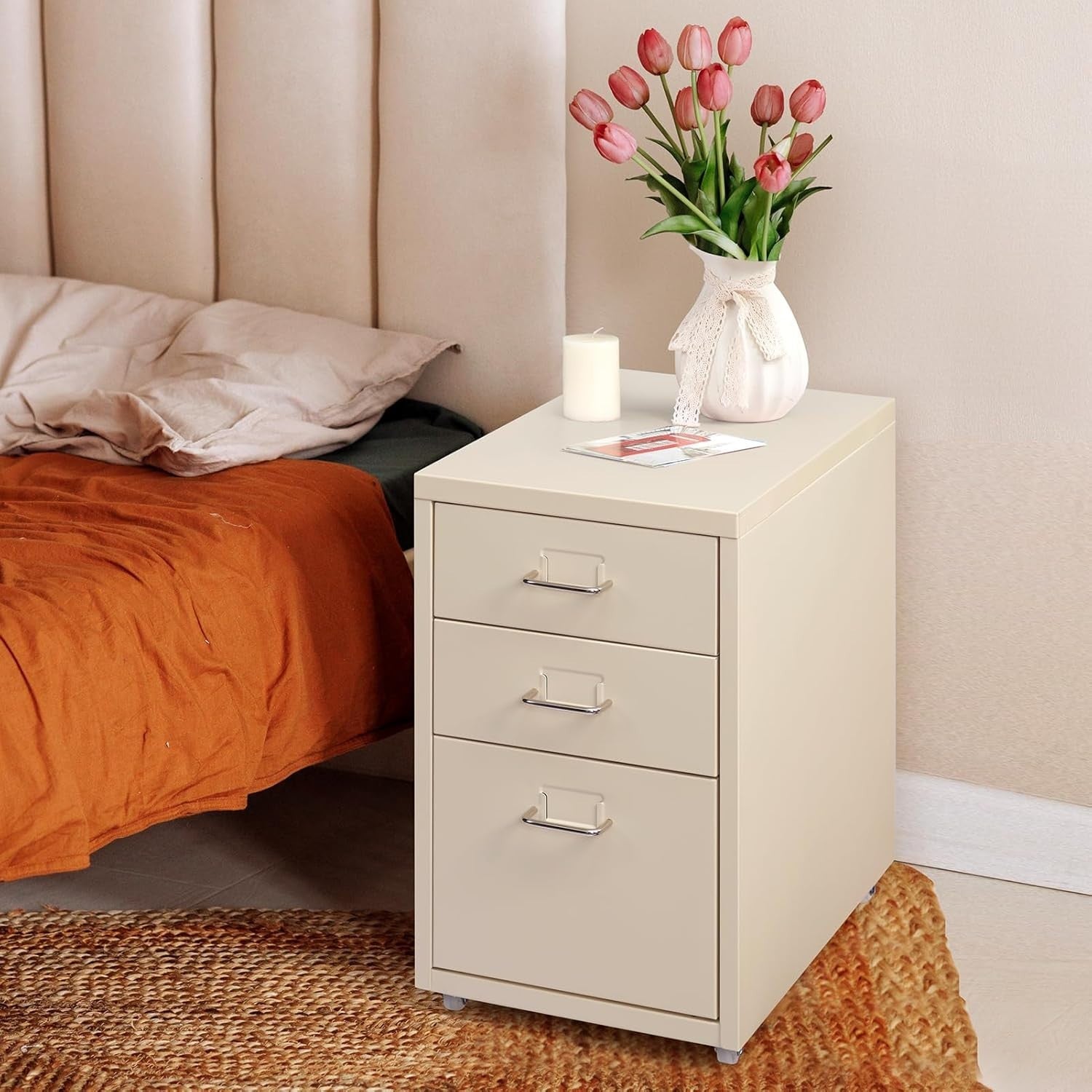 Cream Metal Rolling Drawer Cabinet 3 Tier Under Desk File Storage