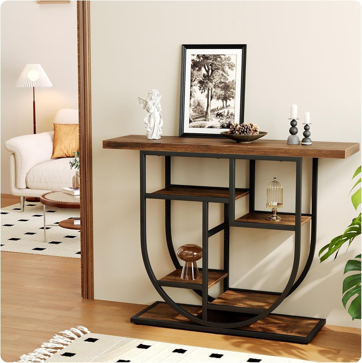 Narrow Rustic Console Table with Storage Shelves & Metal Frame 103cm