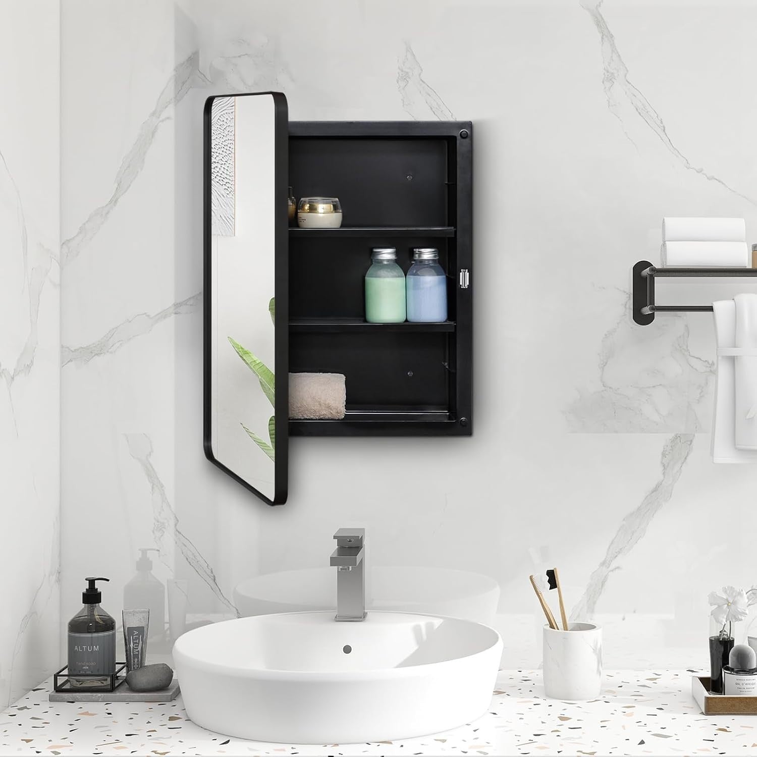 Wall-Mount Black Plastic Mirror Cabinet with Lockable Door & Adjustable Shelves