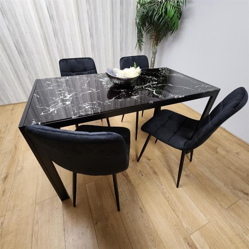 Black Marble Glass Dining Table Set with 4 Velvet Chairs Modern 120cm