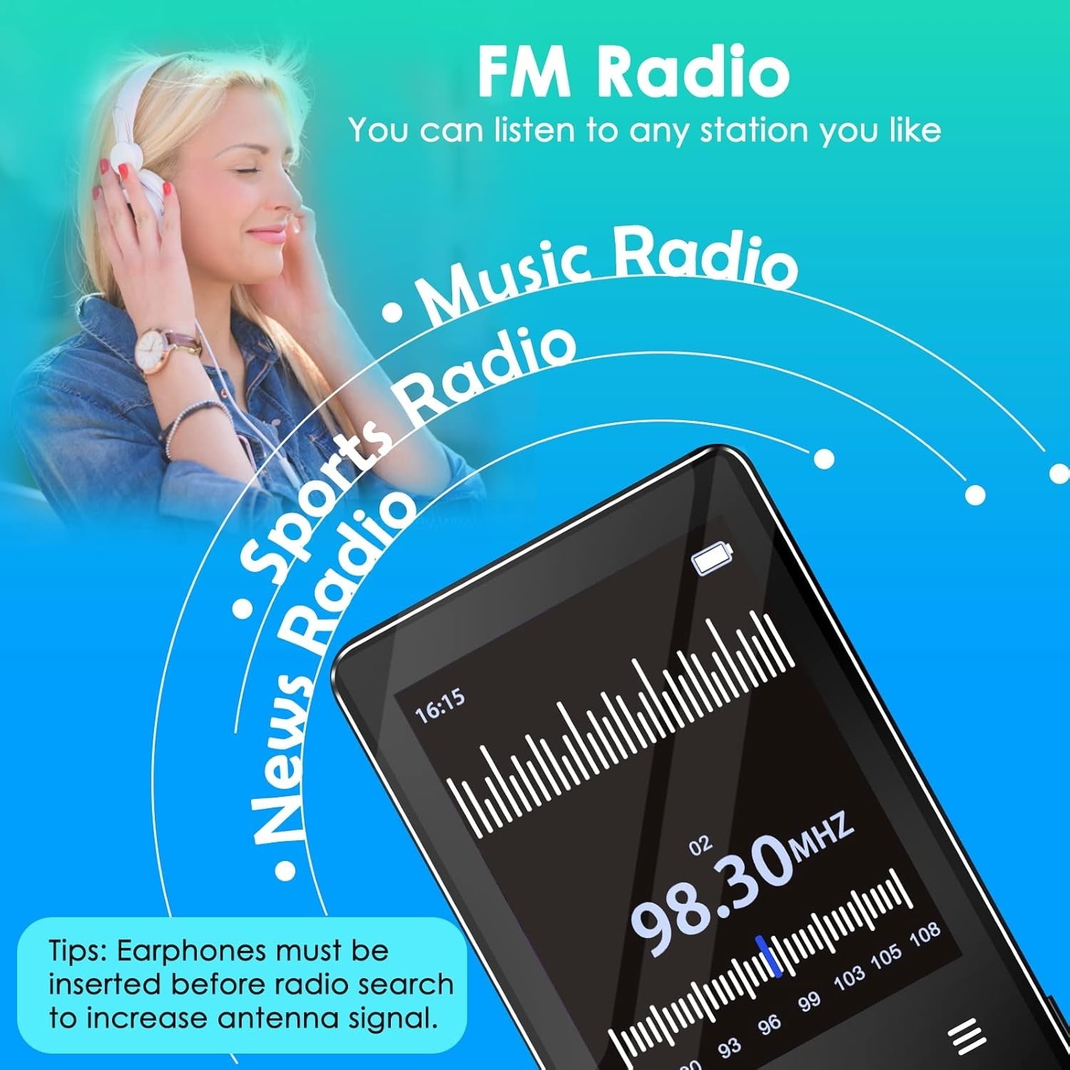 Bluetooth 5 Portable MP3 Player 64GB Music FM Radio Voice Recorder