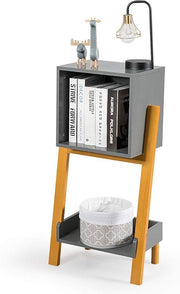 Modern Side Table with Drawer & Shelf | Slim Bedside Nightstand Grey Wood